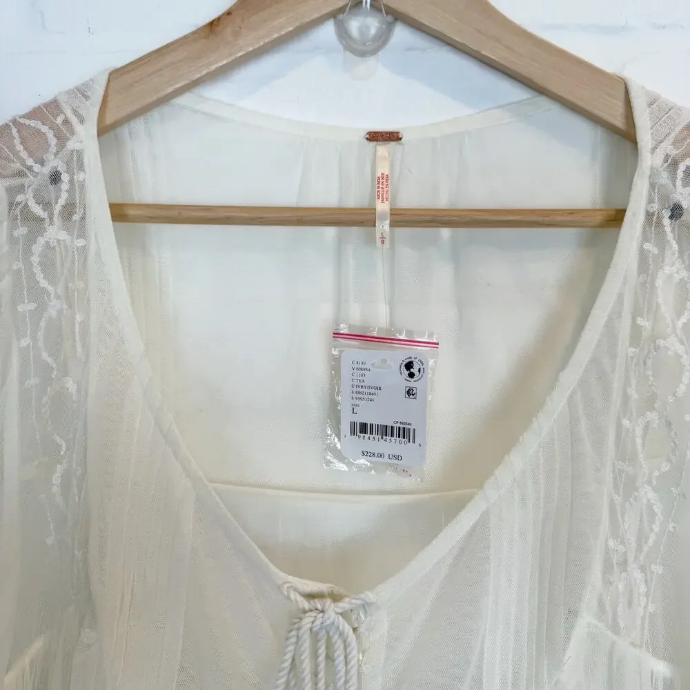 Free People Stevie Embroidered Maxi Dress Tea Flowy Ivory Sheer Floral Lined L - Picture 2 of 15